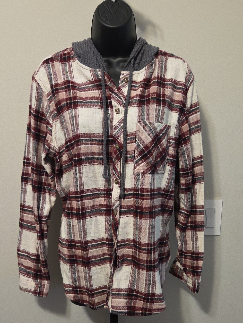Maurices Burgundy and Gray Plaid Hooded Button-Down Shirt